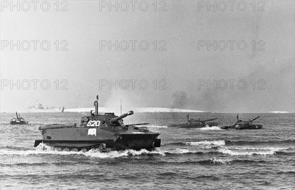 Northern fleet, okean 1970, tank landing forces of the marines coming into shore, june 3, 1970.