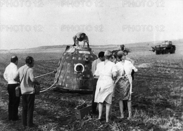 Soyuz-9 capsule containing cosmonauts a,g, nikolayev and v,i, sevastyan, just after landing, june 20, 1970.
