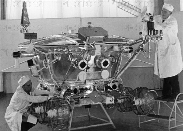 The soviet moon rover, lunokhod 1 in the testing and assembly room being prepared for the luna 17 mission, ussr, 1970.