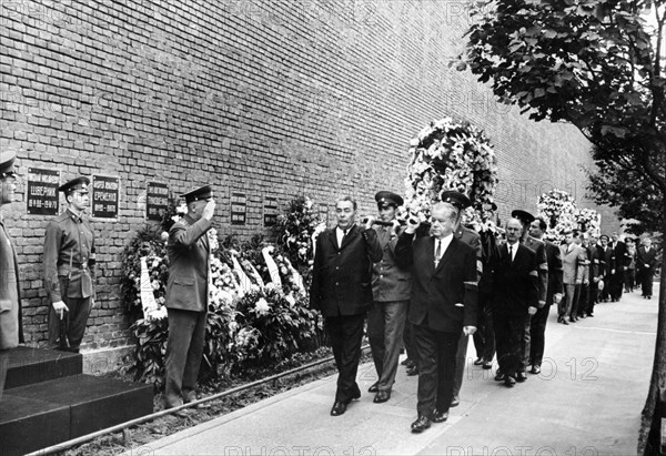 A funeral procession with urns containing the remains of soviet cosmonauts commander georgi dobrovolsky, vladislav volkov, and viktor patsayev being brought to their final resting place by the kremlin wall, they died during the soyuz 11 mission, july 2, 1971, leonid brezhnev is one of the pallbearers (left).