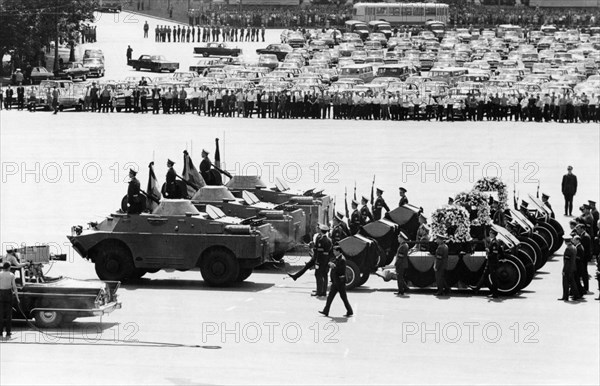 A funeral procession with urns containing the remains of soviet cosmonauts commander georgi dobrovolsky, vladislav volkov, and viktor patsayev on the way to red square, they died during the soyuz 11 mission, july 2, 1971.
