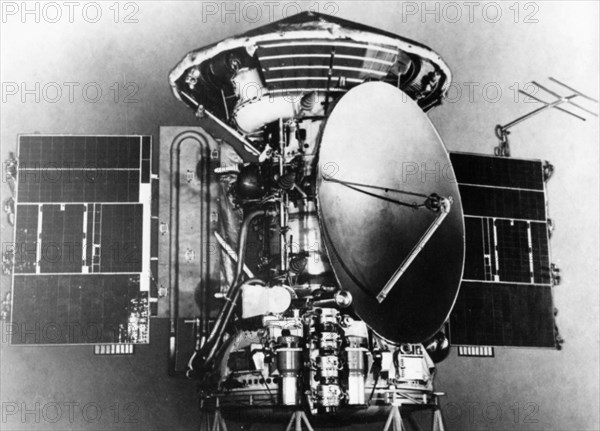 The soviet space probe mars 3, the braking cone and parachute container can be seen on top and the solar panels are extended.