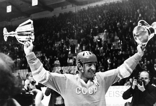 1973 world and european hockey championship in moscow, boris mikhailov, the captain of the soviet team, with the championship cups after beating sweden 6 to 4.