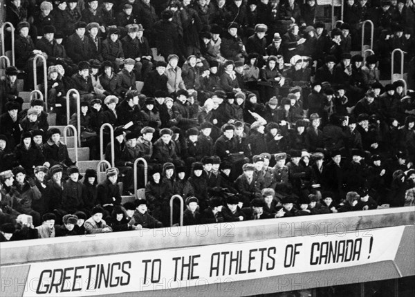 Spectators in skolniki sport hall welcoming the canadian juniors team, march 1974.