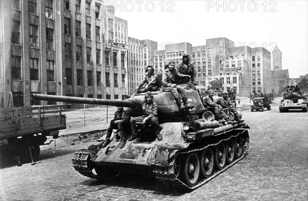 Soviet tanks on the streets of minsk, byelorussia, 1944.