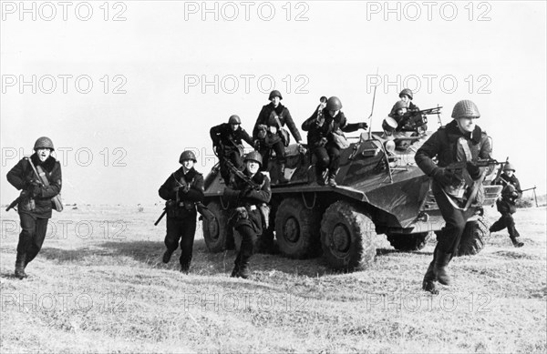 Red bannered black sea fleet, marines with a btr-60 during maneuvers, february 1976.