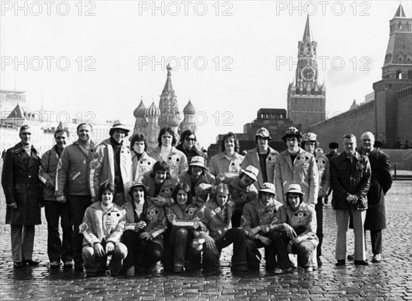 The canadian junior hockey team, don mills flyers, in red square, they arrived in moscow from toronto to take part in several matches with soviet junior teams, 1977.