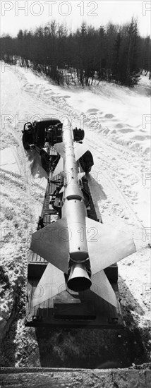 Soviet sa-2 (sam-2) surface-to-air missile being taken to a launch site, 1978.