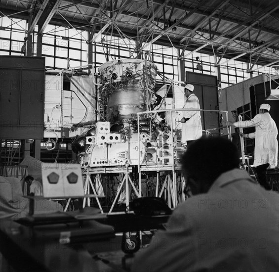 Assembly of the venera 11 and 12 soviet space probes is in progress, 1978.