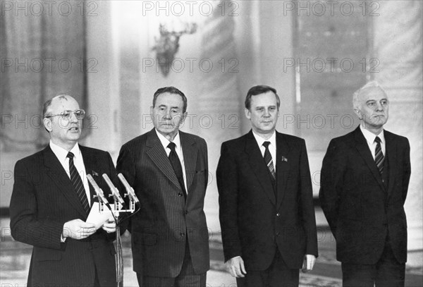 Kremlin, moscow, ussr, december 27, 1985, m,s, gorbachev, general secretary of the cpsu central committee; a,a, gromyko, politburo member of the cpsu cc and chairman of the presidium of the ussr supreme soviet; n,i, ryzhkov, politburo member of the cpsu and chairman of the council of ministers of the ussr; and e,a, shevardnadze, politburo of the cpsu cc and foreign ministerof the ussr, a meeting in the grand kremlin palace with the heads of the diplomatic missions, accredited in the ussr.