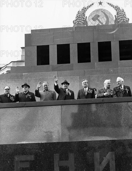 The soviet leadership on the rostrum of lenin's tomb during may day demonstrations in red square, 1989.
