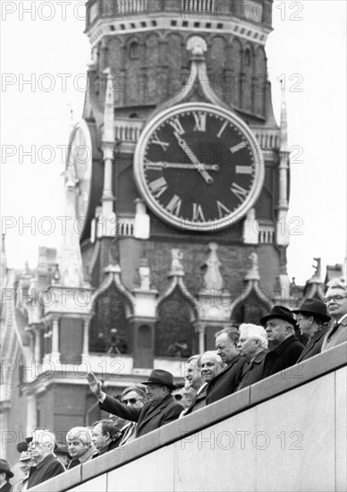 The soviet leadership on the rostrum of lenin's tomb during may day demonstrations in red square, 1990.