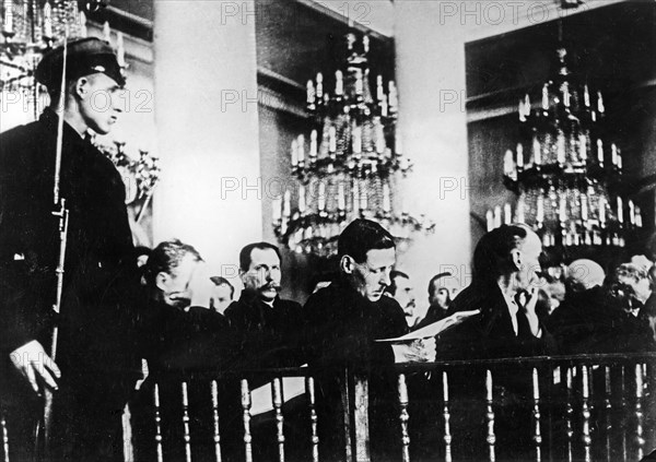 Shakhtinsky trial, the accused, mining engineers and technicians in shakhtinsky and other districts in the donets coal basin, and judges during the trial in the column hall of the house of soviets in 1928, 5 men were sentenced to death and the rest to various terms of imprisonment on alleged charges of counter-revolutionary activity and sabotage.