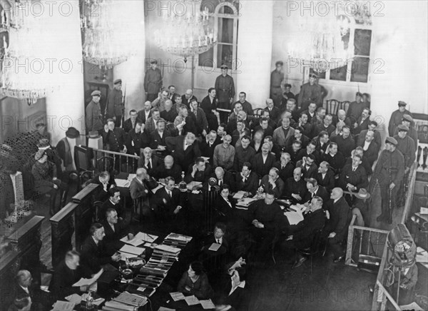 Shakhtinsky trial, the accused, mining engineers and technicians in shakhtinsky and other districts in the donets coal basin, and judges during the trial in the column hall of the house of soviets in 1928, 5 men were sentenced to death and the rest to various terms of imprisonment on alleged charges of counter-revolutionary activity and sabotage.