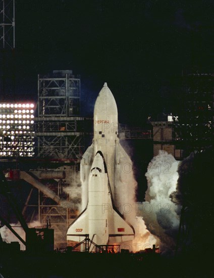 Firing the engines of the booster rocket energia during the launch of the soviet space shuttle, buran at baikonur in kazakhstan, ussr, november 15, 1988.