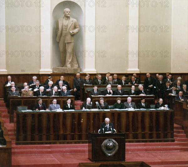 Meeting of the 7th session of the ussr supreme soviet and soviet of nationalities, november 23, 1982, shevardnadze 2nd row, on right.