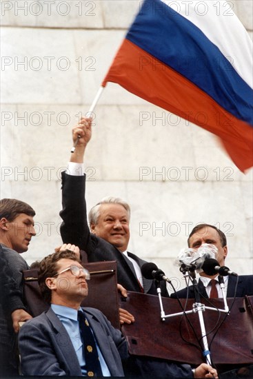 Moscow, august 22,1991: boris yeltsyn during the rally held near the house of soviets of russia devoted to the failing of the coup attempt in the soviet union and the victory of democratic forces in the country.