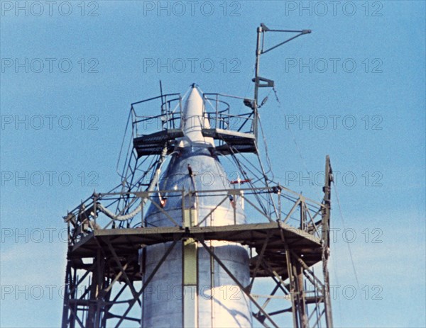 Kazakh ssr, the baikonur cosmodrome, the third sputnik is pictured on the launch pad, may 15, 1958.