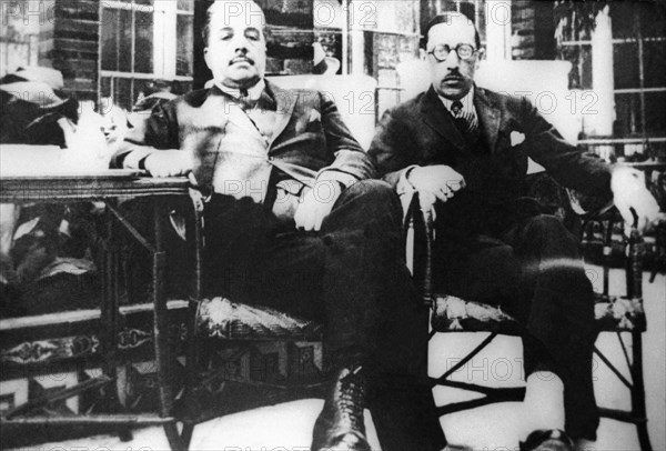 Choreographer and russian theater, dance, and art impresario, sergei diaghilev with composerigor stravinsky, whose ballets were staged by diaghilev's company during the 'russian seasons', september 1921.