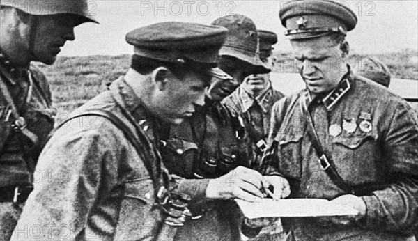 Mongolia, soviet military commander georgy konstantinovich zhukov (r) commands the soviet-mongolian army to defeat japanese forces at khalkhin gol in august 1939.