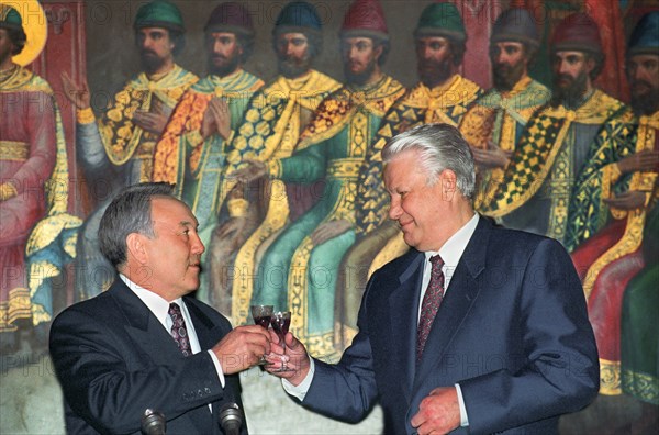 Russia, moscow, president of russia boris yeltsin and president of kazakhstan nursultan nazarbaev are pictured after signing the documents, march 29, 1994.