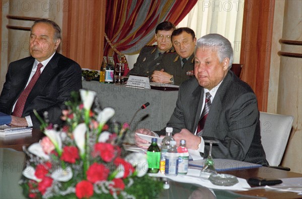 Kazakhstan, the cis summit took place in alma ata, president of russia boris yeltsin and president of azerbaijan gaydar aliyev (l) are pictured at the meeting, 1995.