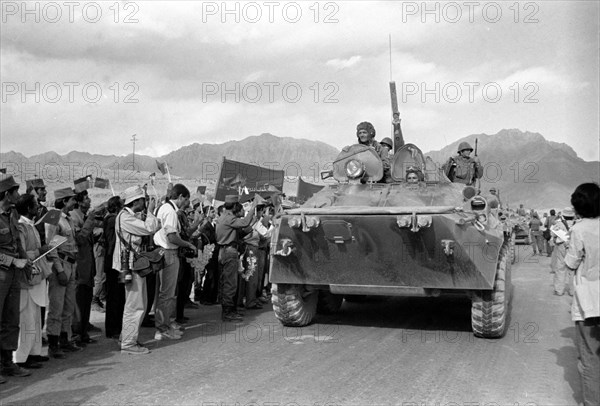 In conformity with the geneva accords the return home of the limited contingent of the soviet troops from afghanistan started on may 15,1988, file picture shows the first column of the soviet troops on the soviet land.