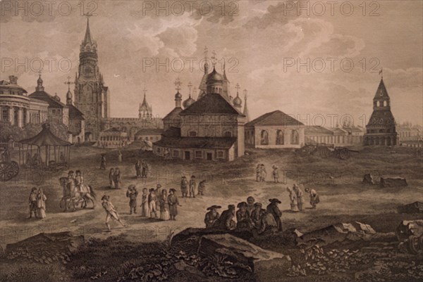 This engraving by d,lamint called 'a view of spassky gate' is one of the exhibits of 'moscow through centuries' exhibition that opened at 'small manege' exhibition hall earlier this month, the show mostly represents documents from moscow archives and museums devoted to history of the capital.