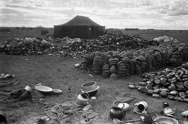 Belongings and equipment, thrown by the japanese army, after they were beaten in the khalkhin-gol area, mongolia, during an armed conflict in 1939, on may 11, military provocations of japan against mongolia were started, the invadors were crushed by soviet and mongolian troops in august,1939.