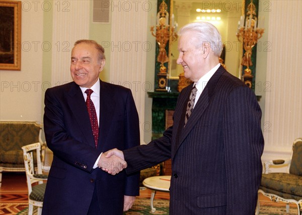 Russian president boris yeltsin and president of azerbaijan geidar aliyev /left/ seen pictured shaking hands during the meeting in the kremlin on march, 29th, the russian president is meeting today with leaders of a number of cis countries who took part in the commonwealth summit in moscow on friday.