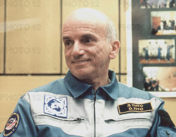 Baikonur, kazakhstan, april 27, 2001, us millionaire dennis tito seen pictured during pre-flight press-conference, as he will blast into space on saturday for usd 20 million and will thus develop the long-standing soviet 'political' space tourism tradition into a profitable russian business, despite nasa protests, tito, 60, will travel onboard the soyuz spacecraft to the international space station (iss) making a considerable financial contribution to the cash-stripped russian space industry.