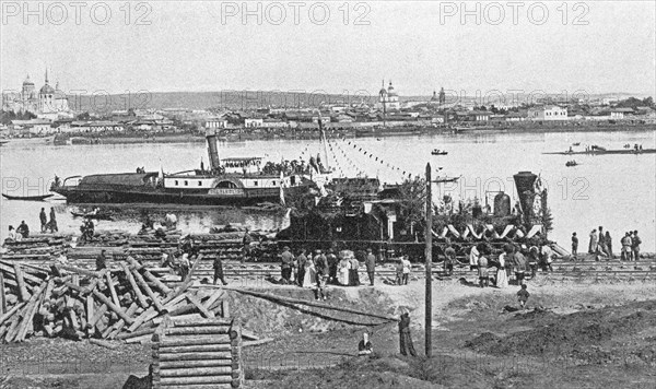 Trans-siberian railway under construction, early 20th century (1900?) on the angara river bank.