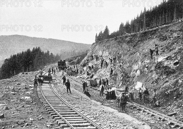 Trans-siberian railway under construction, early 20th century (1900?), section of trans-siberian railway, connecting yekaterinburg and chelyabinsk, is under construction.
