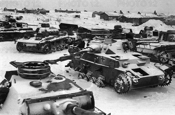 World war 2, battle of stalingrad, february 1943: nazi tanks and other vehicles destroyed by red army during the battle for the city .