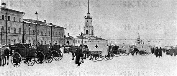 World war one, inspection of the first medical and catering detachment at the khamovniki barracks, moscow, russia, 1915.