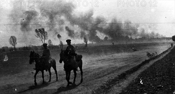 World war one, a russian city under austrian shelling, 1915.