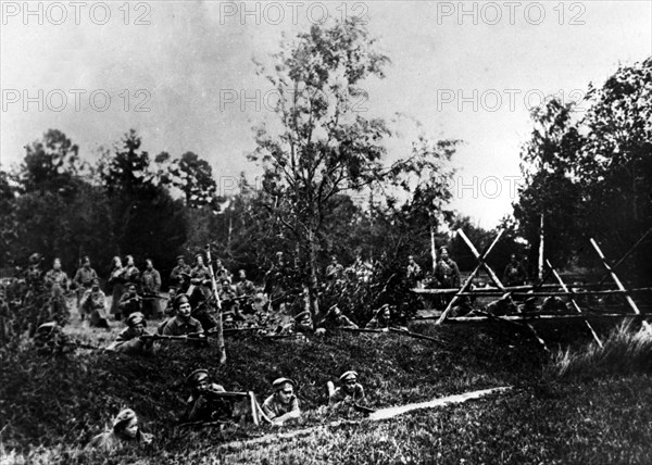 World war one, civil war, petrograd, russia, august 1917, an advanced outpost of military units fighting against general kornilov.