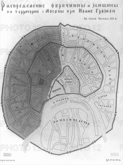 A map of medieval moscow divided in oprichnina (the administrative zones established by czar ivan 4, ivan the terrible, the map was drawn according to a description in a book written by the oprichniki (secret police) agent henrich staden.