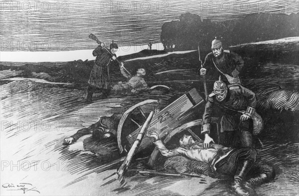 A world war one period popular print: german soldiers loot killed russian soldiers and kill the wounded.