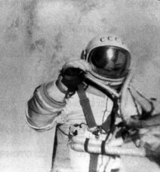 Voskhod 2 mission, soviet cosmonaut alexei leonov during world's first space walk (eva) in 1965.
