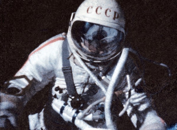 Voskhod 2 mission, soviet cosmonaut alexei leonov during world's first space walk (eva) in 1965.