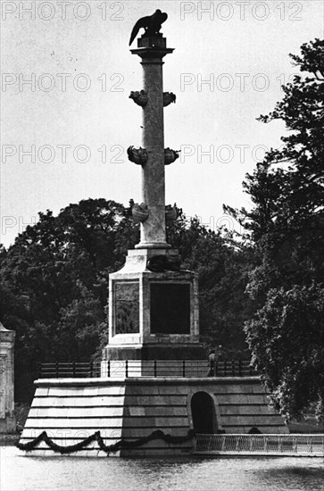 Chesma column, a war memorial commemorating russia's victory in the war with ottoman empire (1770) unveiled after restoration in pushkin, near st, petersburg, during the festivities marking the 300th anniversary of the russian fleet.