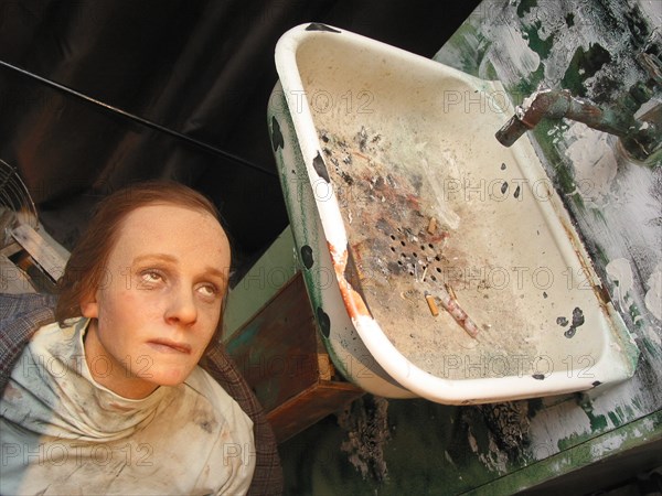 Moscow, russia, april 18, 2003, the composition 'in a cellar' (in pic), the st,petersburg museum of wax figures opened the exhibition 'on the brink' to show the destructive influence of narcotics.