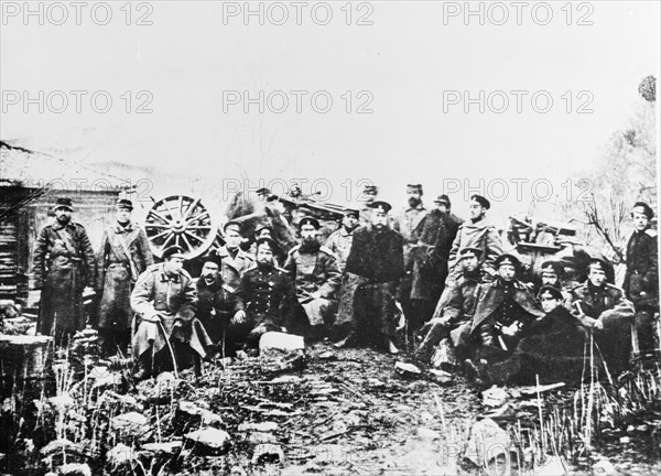 Russian general mikhail dimitrievich skobelev (1834-1882) (centre) with officers and soldiers of an equestrian mountain battery near mt, shipka, turko-russian war 1877-8, photo itar-tass .