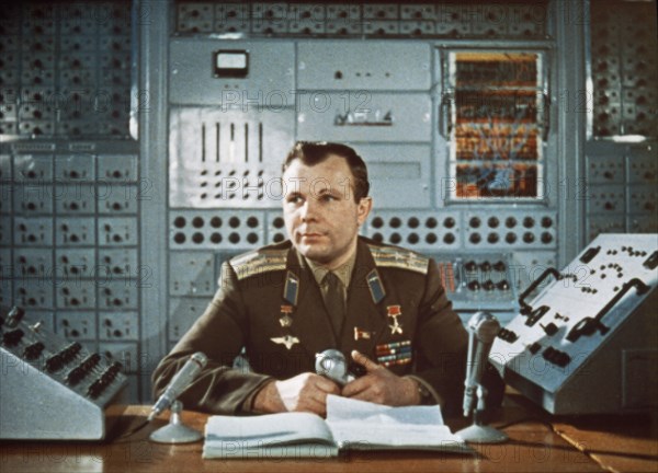 Yuri gagarin during a television broadcast in the early 1960's (after his flight).