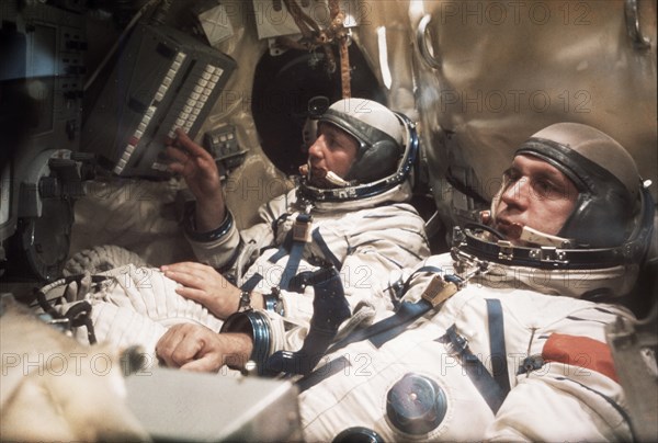 Soviet cosmonauts during the soyuz 26, soyuz 27, salyut 6 space mission, 1978.