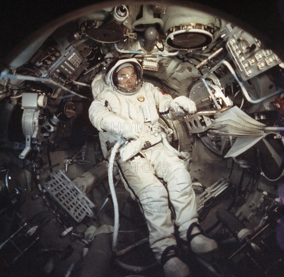 Soviet cosmonaut georgi grechko in a spacesuit aboard the salyut 6 space station during the soyuz 26 mission, december 1977.