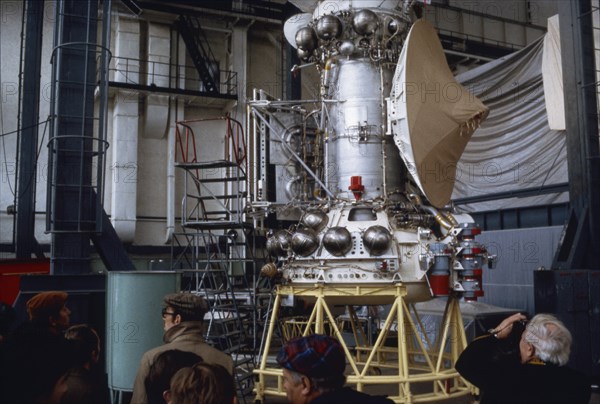 A working mock-up of the soviet venera 15 & 16 space probe during tests is on display for the press, 1983.