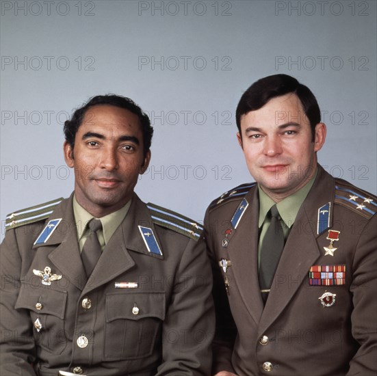 Crew of the soyuz-38 space mission to the salyut 6 space station, soviet cosmonaut colonel yuri viktorovich romanenko (right) and cuban researcher-cosmonaut lieutenant-colonel arnaldo tamayo mendez, september 1980.