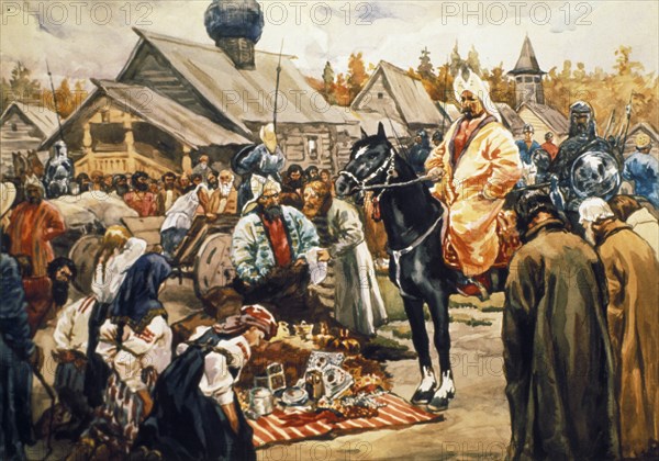 A tartar of the golden horde exacting tribute from russian people in the 13th century, (20th century soviet watercolor painting, unknown artist).